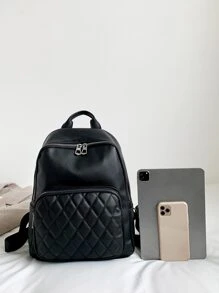 Korean-Style Fashionable Quilted Diamond-Shaped Versatile Backpack, Large Capacity, Simple And Casual Soft PU School Bag, Travel Bag - Black - View 7