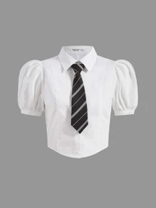 SHEIN 青少年女孩泡泡袖襯衫帶系帶