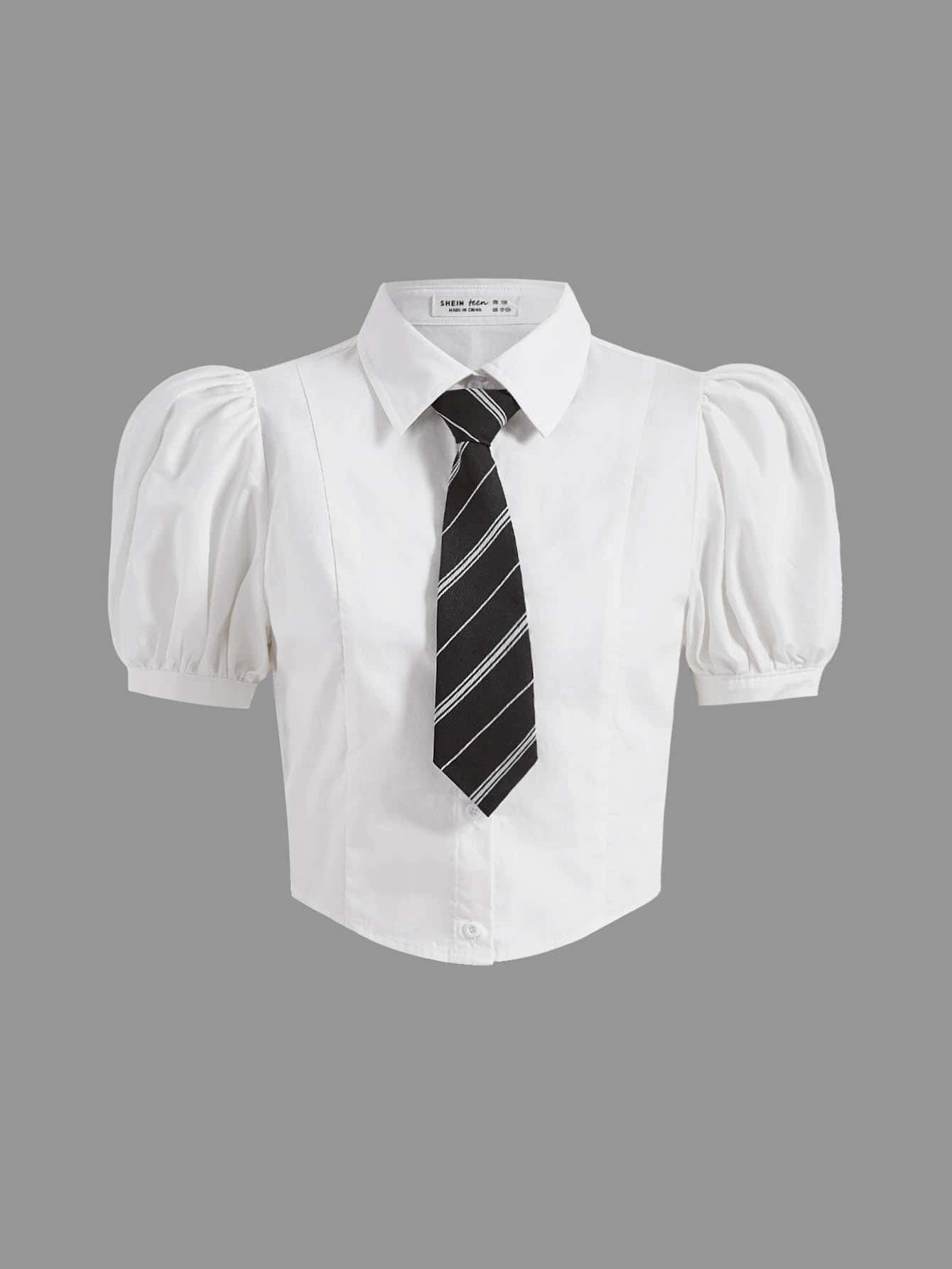 SHEIN 青少年女孩泡泡袖襯衫帶系帶