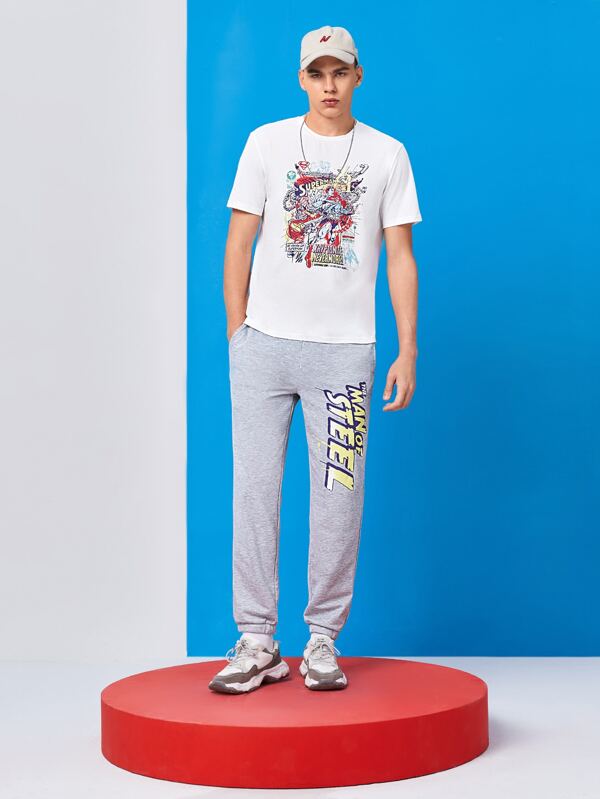 SUPERMAN X SHEIN Men Letter & Cartoon Graphic Tee & Sweatpants