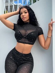 SHEIN SXY Rhinestone Studded Detail Mock Neck Crop Mesh Top Without Bra - Black - View 4