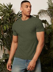 Manfinity Homme 男士素色條紋針織T恤 - 軍綠色 - 查看 1