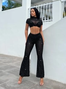 SHEIN SXY Rhinestone Studded Detail Mock Neck Crop Mesh Top Without Bra - Black - View 1