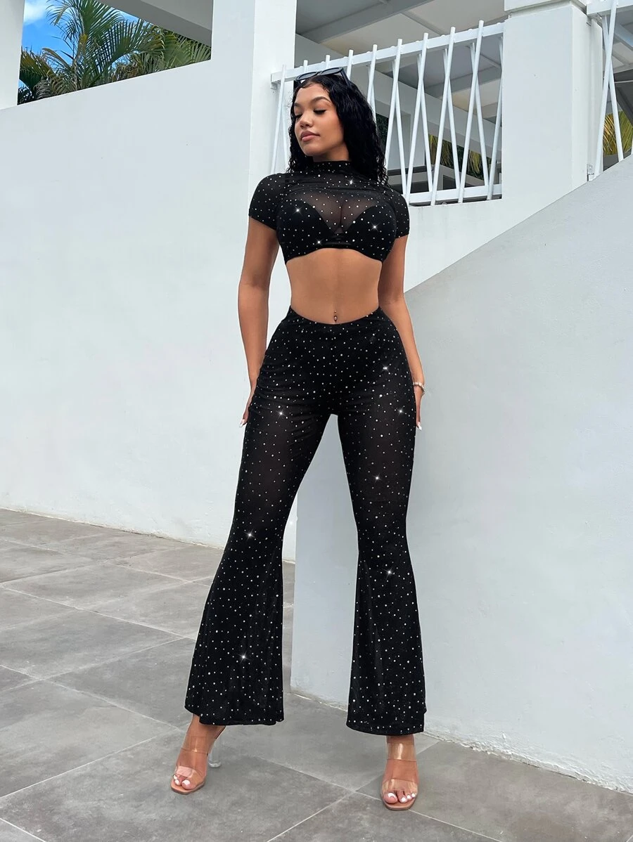 SHEIN SXY Rhinestone Studded Detail Mock Neck Crop Mesh Top Without Bra - Black - View 1