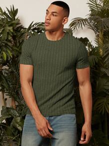 Manfinity Homme 男士素色條紋針織T恤 - 軍綠色 - 查看 3