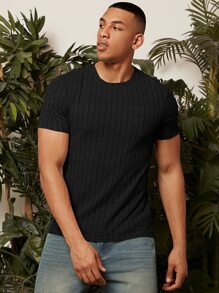 Manfinity Homme 男士素色條紋針織T恤 - 黑色 - 查看 5