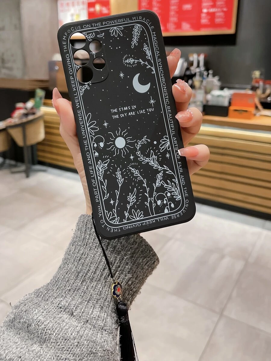 苹果日月图案防摔手机壳，带流苏吊坠，兼容 15/15Pro/15Plus/15Pro Max，国际版，非国内版 - 黑與白 - 查看 1