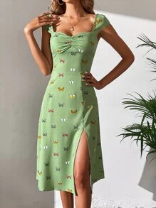 SHEIN VCAY Vestido con estampado de mariposa pecho con fruncido de muslo con abertura - verde menta - Ver 1