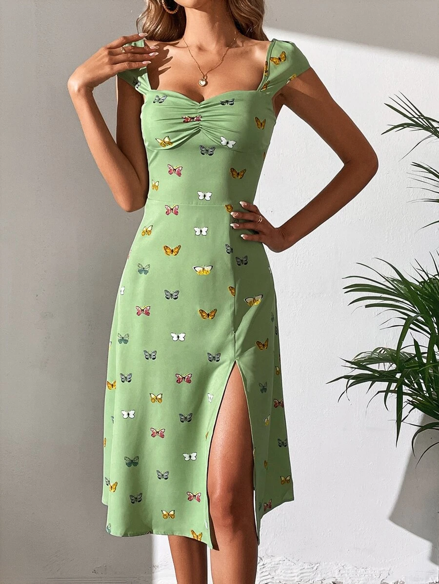 SHEIN VCAY Vestido con estampado de mariposa pecho con fruncido de muslo con abertura - verde menta - Ver 1