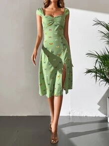SHEIN VCAY Vestido con estampado de mariposa pecho con fruncido de muslo con abertura - verde menta - Ver 3