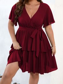 SHEIN Clasi Plus Butterfly Sleeve Two Layer Hem Belted Dress Burgundy Color Women Outfit