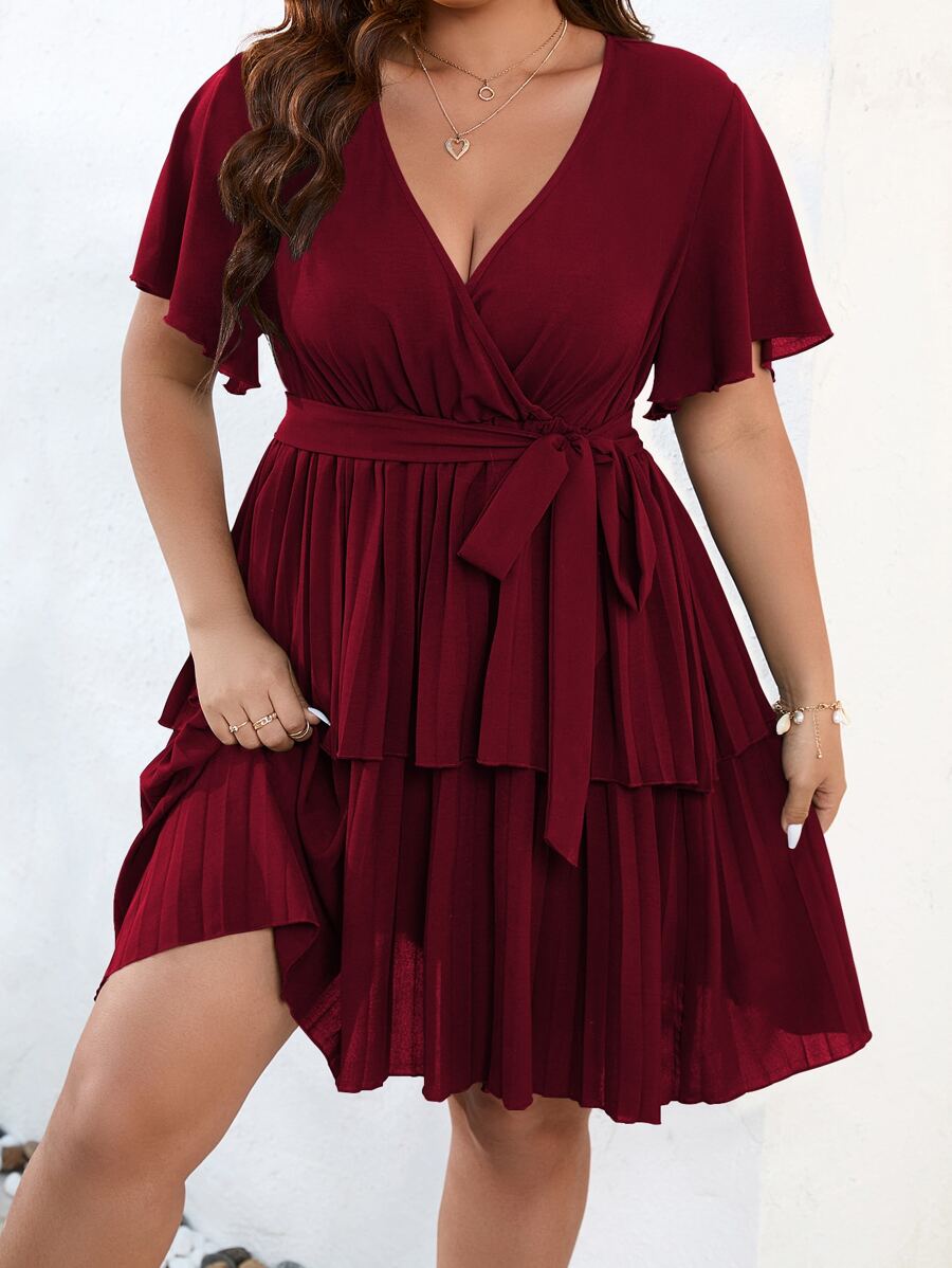 SHEIN Clasi Plus Butterfly Sleeve Two Layer Hem Belted Dress Burgundy Color Women Outfit