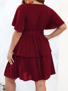 SHEIN Clasi Plus Butterfly Sleeve Two Layer Hem Belted Dress Burgundy Color Women Outfit