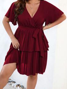 SHEIN Clasi Plus Butterfly Sleeve Two Layer Hem Belted Dress Burgundy Color Women Outfit