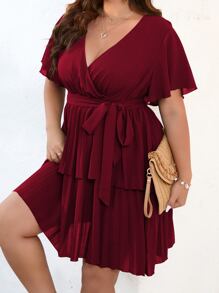 SHEIN Clasi Plus Butterfly Sleeve Two Layer Hem Belted Dress Burgundy Color Women Outfit