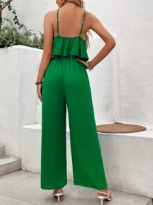 SHEIN VCAY Solid Halter Neck Backless Wide Leg Cami Jumpsuit - Green - View 2
