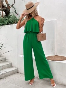 SHEIN VCAY Solid Halter Neck Backless Wide Leg Cami Jumpsuit - Green - View 3