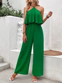 SHEIN VCAY Solid Halter Neck Backless Wide Leg Cami Jumpsuit - Green - View 4