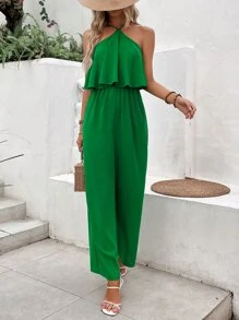 SHEIN VCAY Solid Halter Neck Backless Wide Leg Cami Jumpsuit - Green - View 5