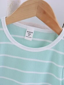 Toddler Boys Striped Print Contrast Binding Tee - Mint Green - View 4