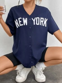 SHEIN EZwear Letter Graphic Drop Shoulder Blouse