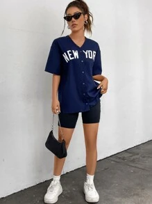 SHEIN EZwear Letter Graphic Drop Shoulder Blouse