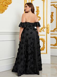 Plus Off Shoulder Mesh Overlay Appliques Dress - Black - View 2