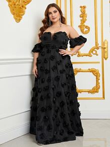 Plus Off Shoulder Mesh Overlay Appliques Dress - Black - View 4