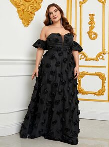 Plus Off Shoulder Mesh Overlay Appliques Dress - Black - View 5