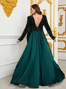 Faeriesty Round Neck Sequin Mermaid Evening Dress With Deep V-Back - Women's Formal Gown For Grand Weddings, Red Carquet Events, Luxury Galas, Bridal Portraits, And Award Ceremonies - Dark Green - View 2