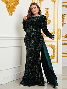 Faeriesty Round Neck Sequin Mermaid Evening Dress With Deep V-Back - Women's Formal Gown For Grand Weddings, Red Carquet Events, Luxury Galas, Bridal Portraits, And Award Ceremonies - Dark Green - View 3