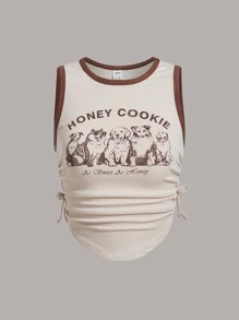 SHEIN Teen Girls Slogan & Dog Print Drawstring Ruched Side Tank Top - Beige - View 1