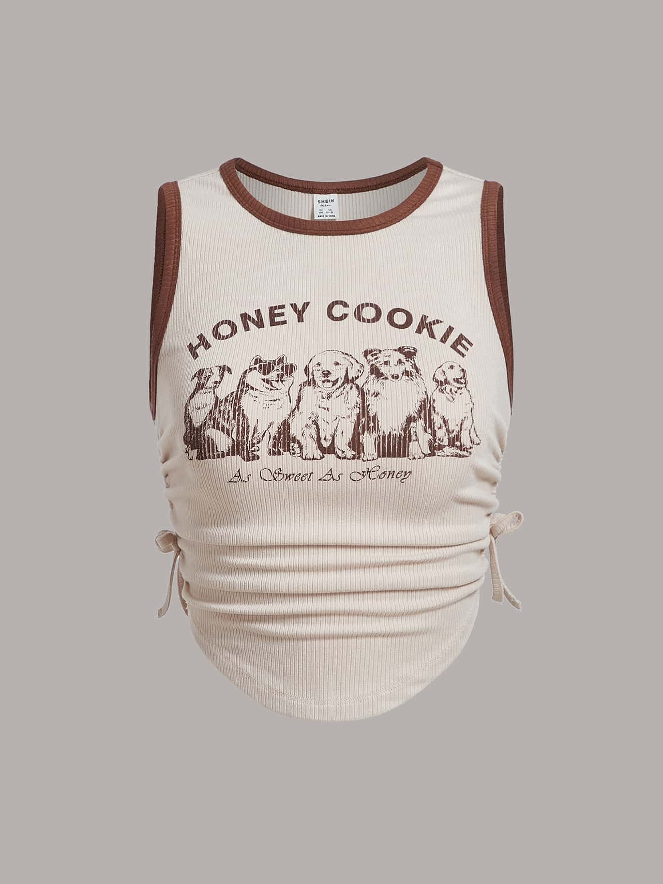 SHEIN Teen Girls Slogan & Dog Print Drawstring Ruched Side Tank Top - Beige - View 1