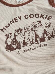 SHEIN Teen Girls Slogan & Dog Print Drawstring Ruched Side Tank Top - Beige - View 3