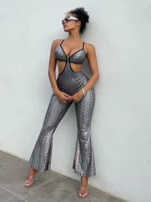 SHEIN SXY 鐳射鏤空撞色滾邊金屬質感喇叭吊帶連體褲 - 銀色 - 查看 1