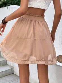 SHEIN Frenchy Paperbag Waist Knot Front Ruffle Hem Skirt - Apricot - View 2
