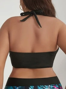 SHEIN Swim Curve Plus Tropical Print Tie Front Halter Bikini Top - Black - View 2