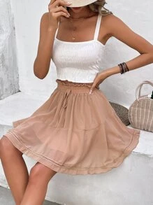 SHEIN Frenchy Paperbag Waist Knot Front Ruffle Hem Skirt - Apricot - View 3
