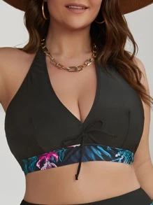 SHEIN Swim Curve Plus Tropical Print Tie Front Halter Bikini Top - Black - View 4