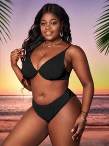 SHEIN Swim Curve Plus Size Solid Underwire Bikini Set Summer Beach - Black - View 3