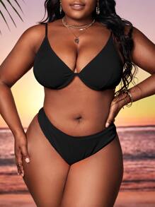 SHEIN Swim Curve Plus Size Solid Underwire Bikini Set Summer Beach - Black - View 4
