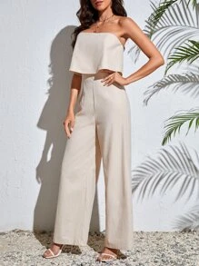 SHEIN Tall Women Summer High-Cut Solid Color Foldover Layered Wide Leg Strapless Jumpsuit