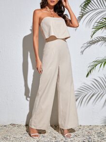 SHEIN Tall Women Summer High-Cut Solid Color Foldover Layered Wide Leg Strapless Jumpsuit