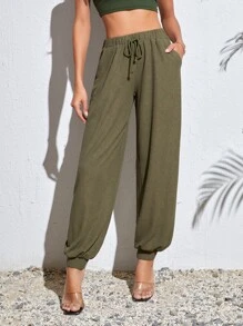 SHEIN Tall 腰部抽繩斜口袋長褲 - 軍綠色 - 查看 1