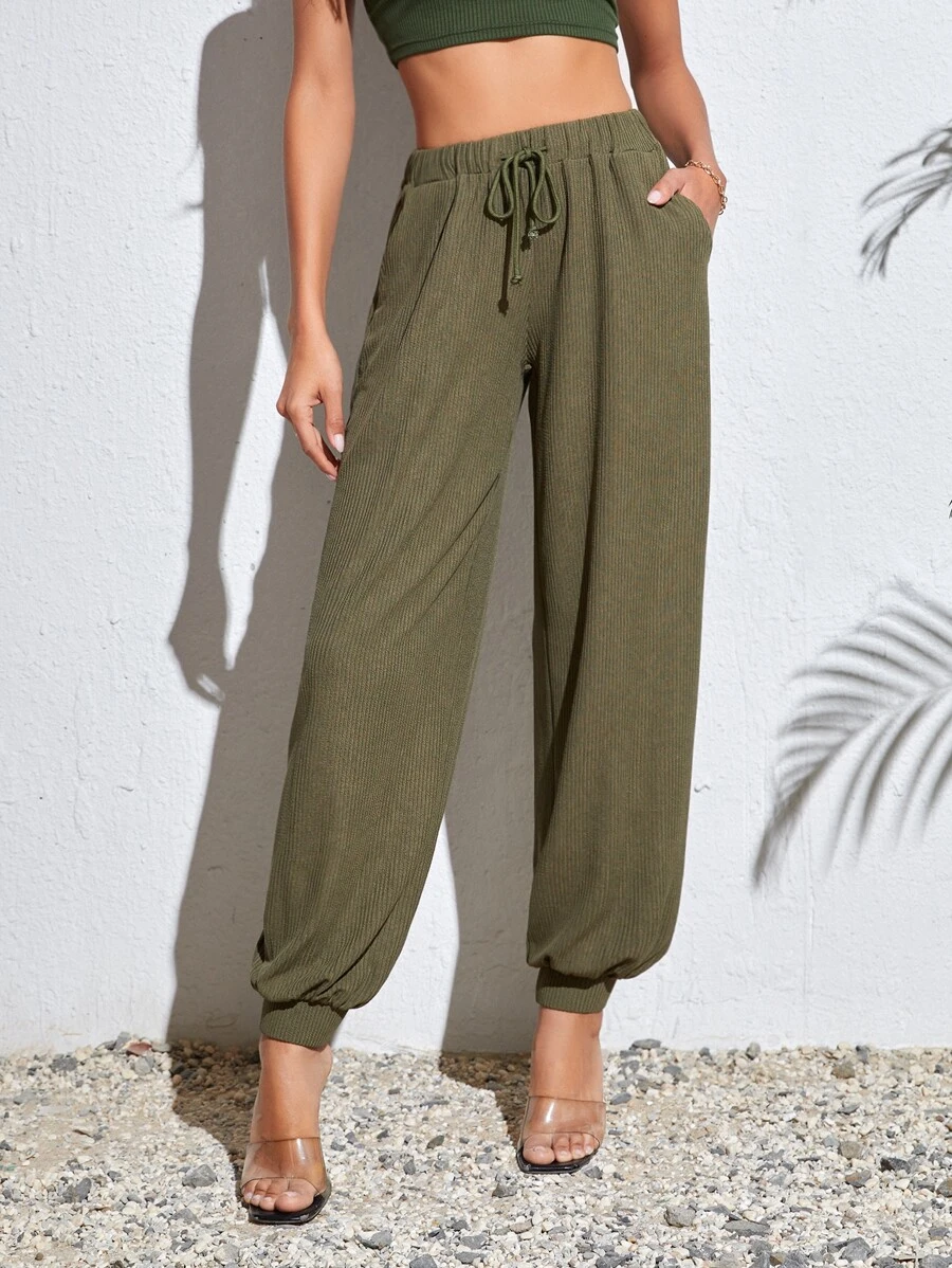 SHEIN Tall 腰部抽繩斜口袋長褲 - 軍綠色 - 查看 1