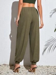 SHEIN Tall 腰部抽繩斜口袋長褲 - 軍綠色 - 查看 2