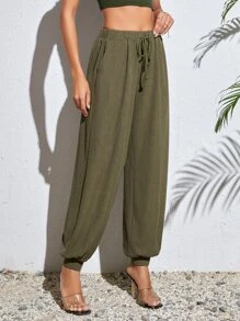 SHEIN Tall 腰部抽繩斜口袋長褲 - 軍綠色 - 查看 5