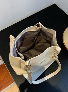 白色字母貼飾單肩托特包雙把手 - 米色 - 查看 9