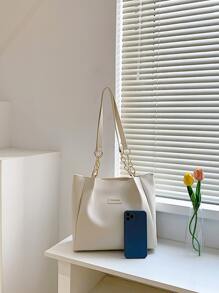 白色字母貼飾單肩托特包雙把手 - 米色 - 查看 5