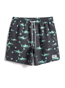 Manfinity Swimmode Quần short nam đi biển Dây kéo Đắp vá Túi Thú vật Tất cả trên in - Màu xám đen - Xem 3